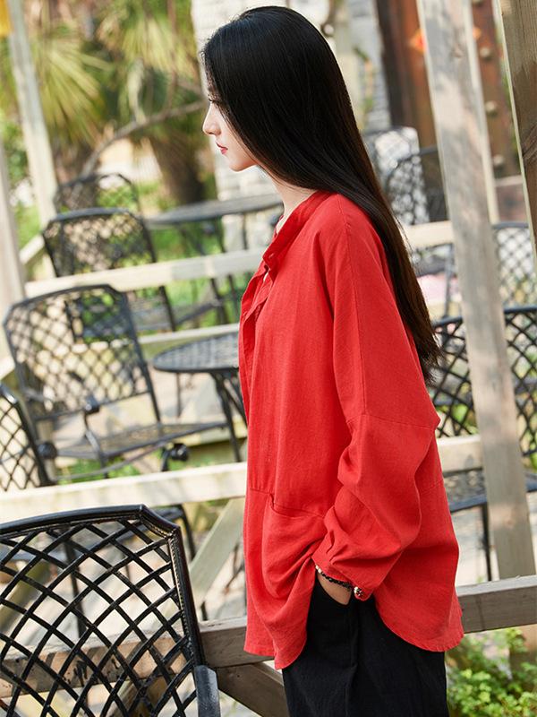 Soft Red Ramie Cotton Blouse Outwear