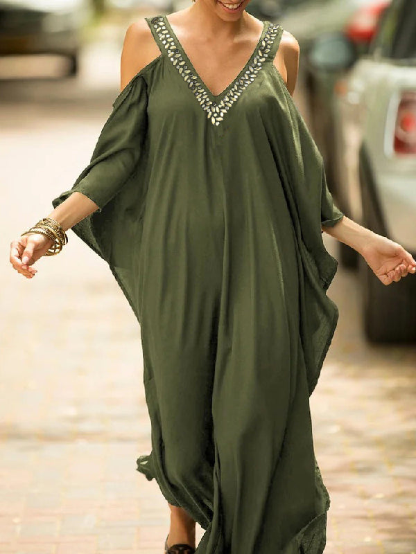 Batwing Sleeves Loose Solid Color Cold Shoulder Maxi Dresses