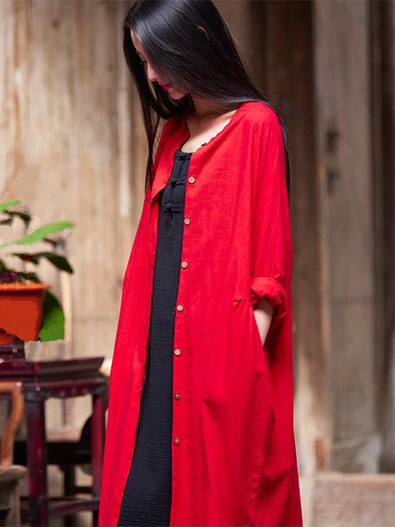 Soft Red Ramie Cotton Linen Cover-up Cardigan