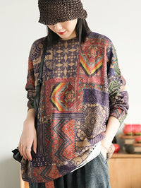 Ethnic Style Round Neck Print Sweater