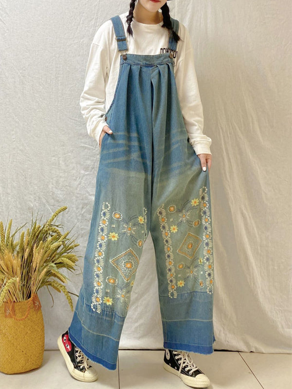 Vintage Denim Embroidered Wide Leg Jumpsuits