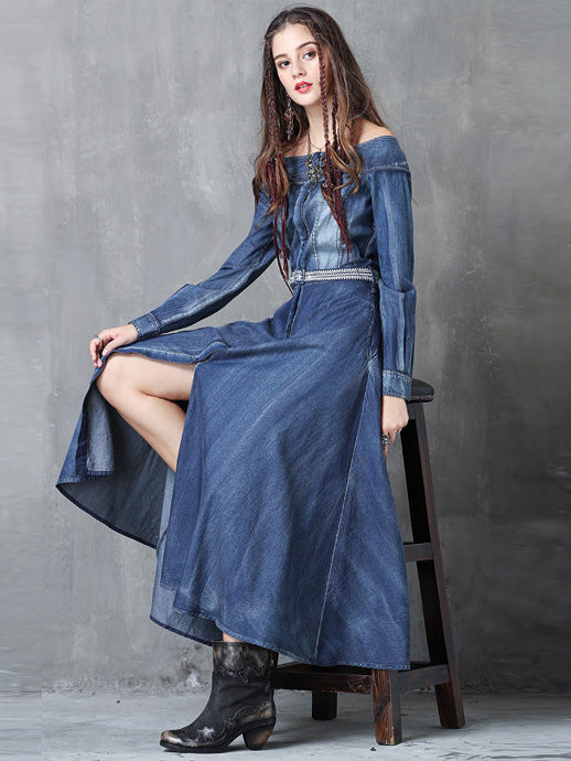 Off Shoulder Split-front Embroidered Midi Dresses