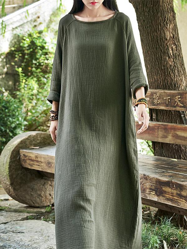 Green Long Sleeves Ramie Cotton Long Dress