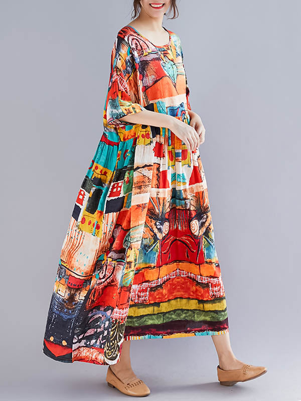 Loose Short Sleeves Floral Printed Round-Neck Midi Dresses