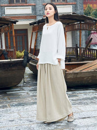 Round-neck Linen Cotton Long Sleeves Tops