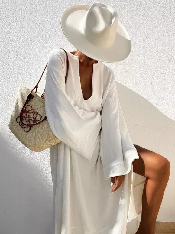 Vacation Flared Sleeves Solid Color Deep V-Neck Midi Dresses
