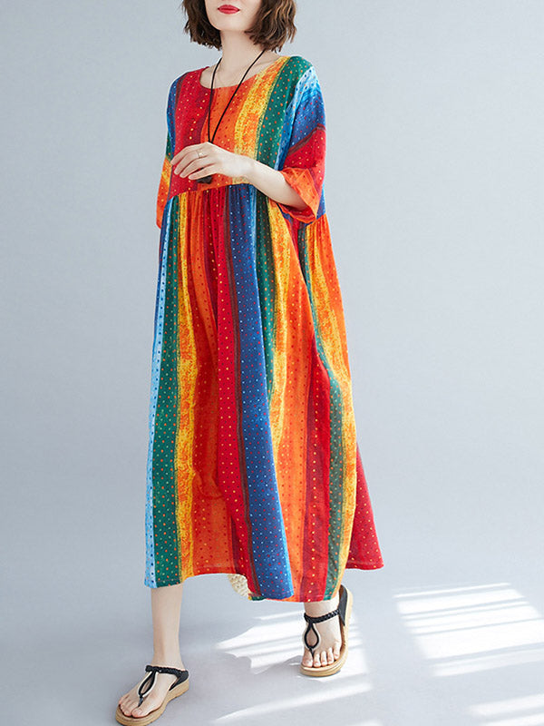 Striped Printed Loose A-Line Round-Neck Dress