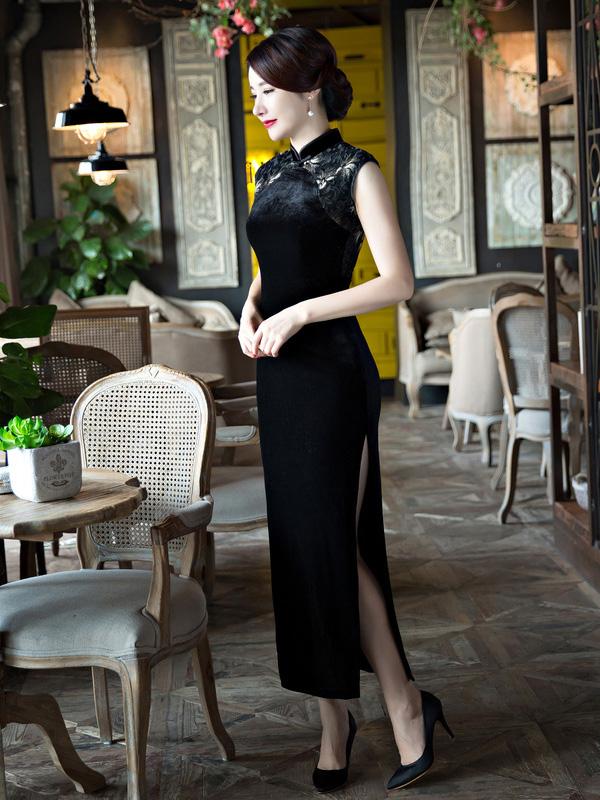 Black Velvet Lace Long Cheongsam Dress