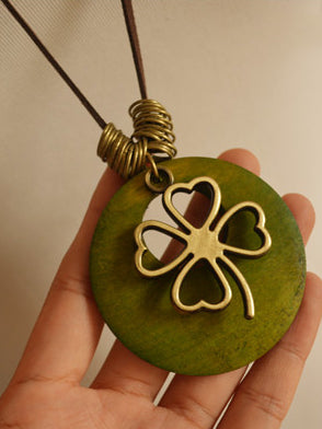 Vintage Wood Four Leaf Clover Necklace