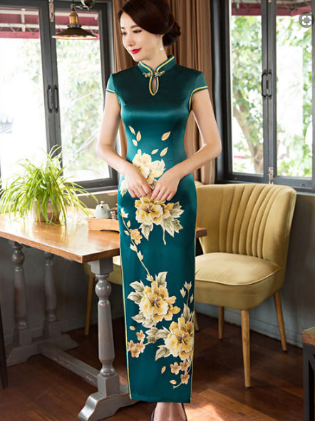 Green Side Split Long Cheongsam Dress