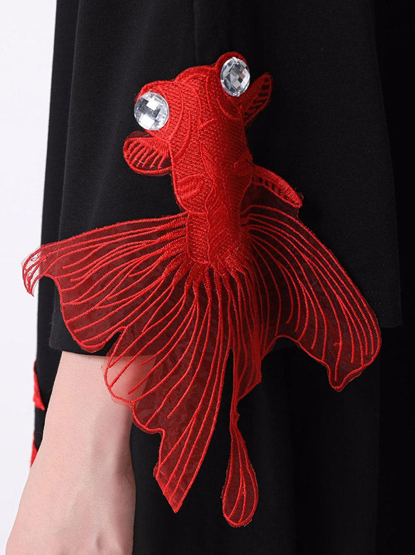 Red Goldfish Embroidered Loose Round Neck T-Shirt Dress
