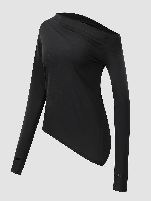 Stylish Solid Color One-Shoulder Long Sleeves T-Shirt Top