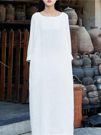Soft White Long Sleeves Ramie Cotton Long Dress