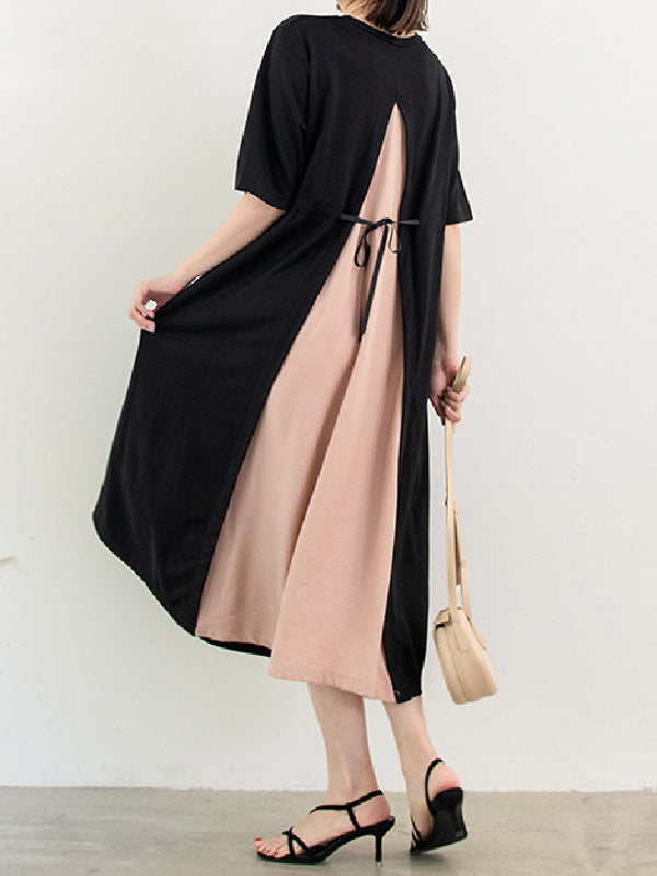 Original Half Sleeves Loose Contrast Color Split-Back Round-Neck Midi Dresses