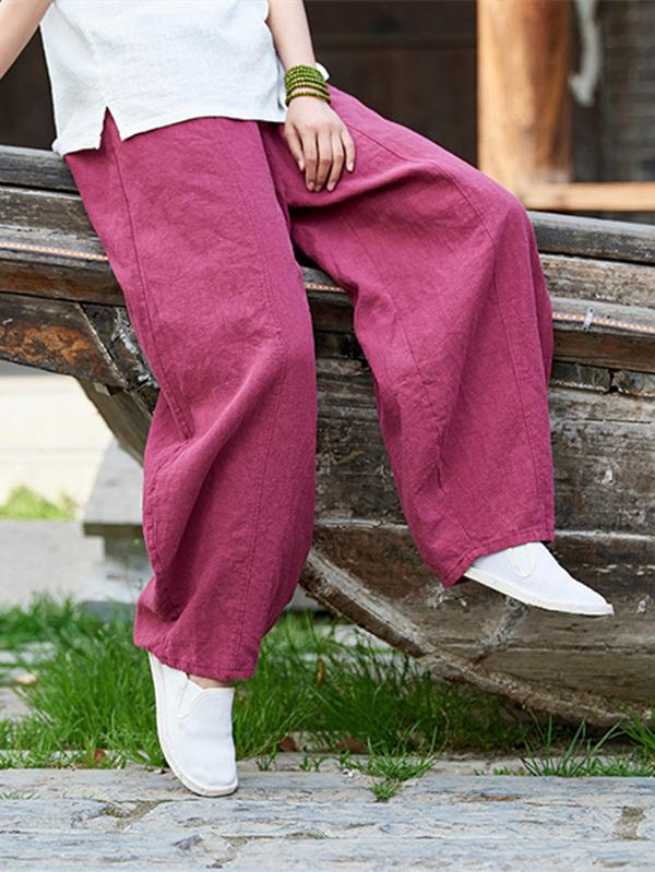 Burgundy&Navy Blue Ramie Cotton Casual Linen Bloomers Pants