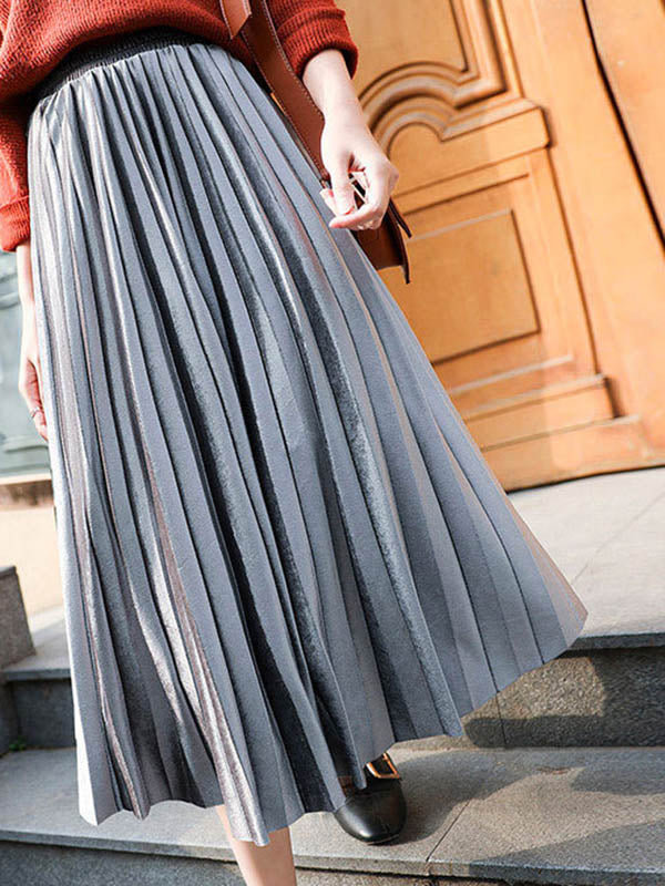 Solid Color High-Waist Pleated A-Line Skirt