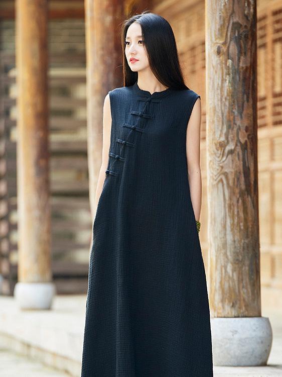 Vintage Black Ramie Cotton Sleeveless Linen Dress