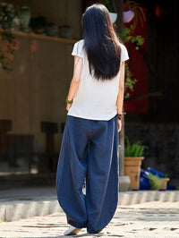 Burgundy&Navy Blue Ramie Cotton Casual Linen Bloomers Pants