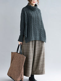 Cable- Knit High-neck Solid Loose Sweater