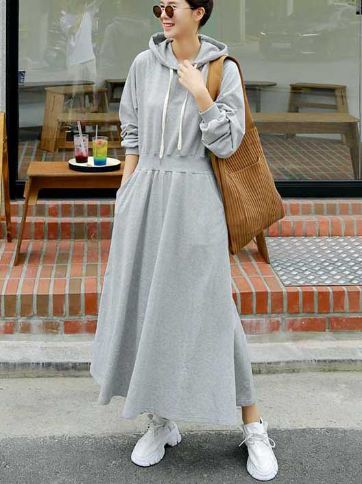 Loose Solid Color Casual A-Line Hoodie Dress
