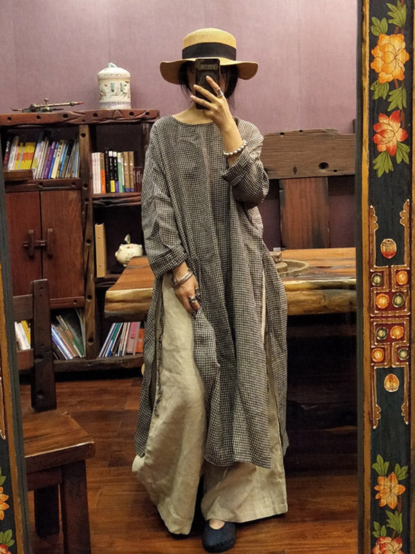 Loose Vintage Washable Plaid Split-Side Dress
