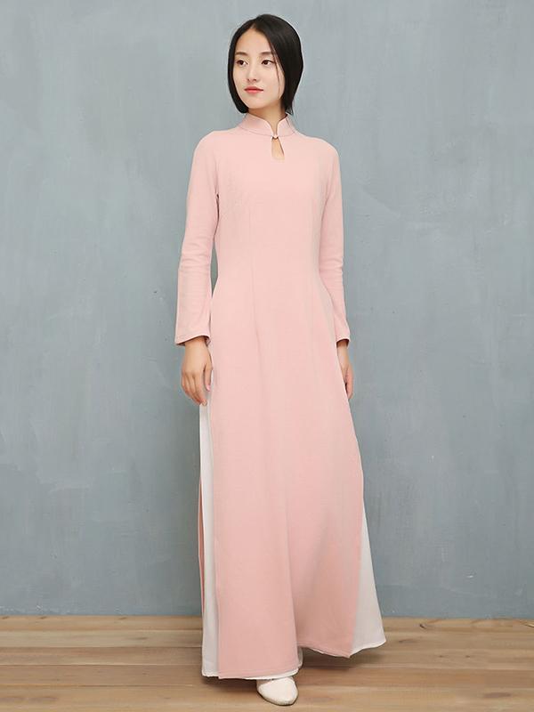Pink Split-side Long Ao Dai Cheongsam Dress