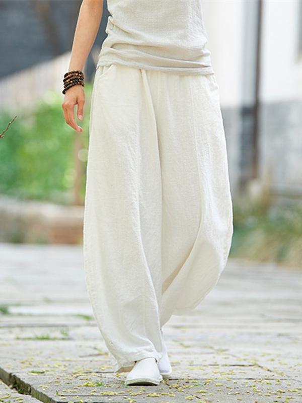 Beige&White Ramie Cotton Casual Linen Bloomers Pants