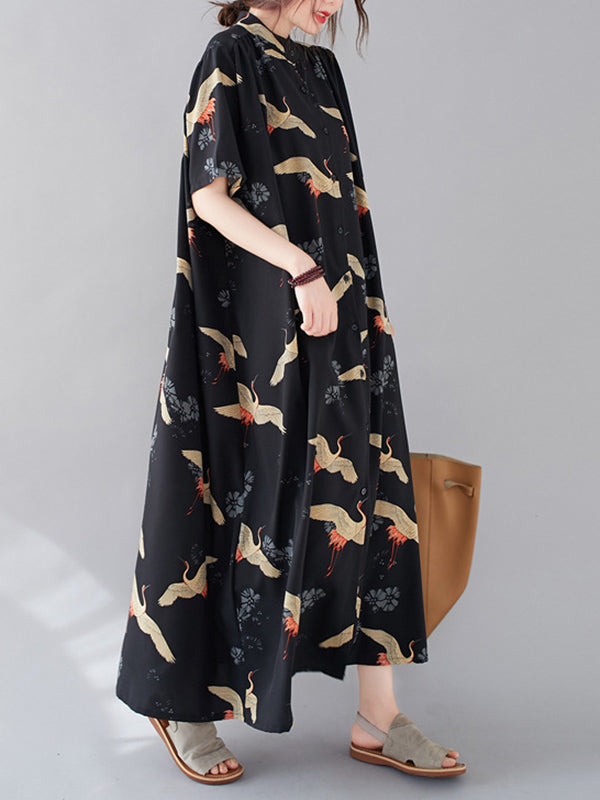 National Style Printed Stand Collar Shirt Dress