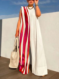Sleeveless Wide Leg Contrast Color Printed Striped Jumpsuits