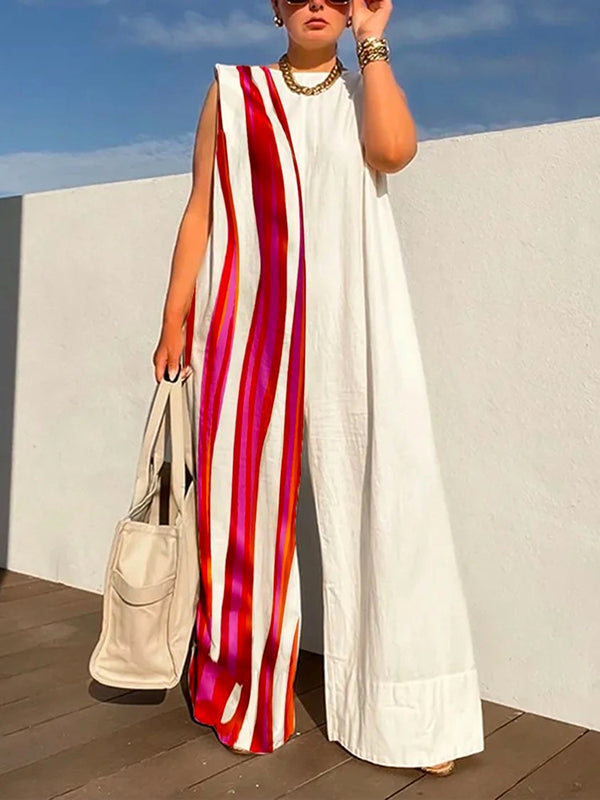 Sleeveless Wide Leg Contrast Color Printed Striped Jumpsuits