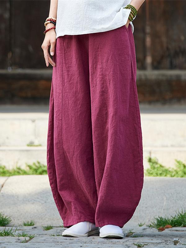 Burgundy&Navy Blue Ramie Cotton Casual Linen Bloomers Pants