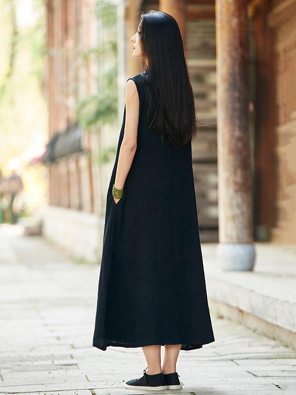 Vintage Black Ramie Cotton Sleeveless Linen Dress