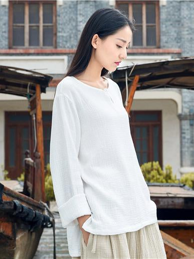 Round-neck Linen Cotton Long Sleeves Tops