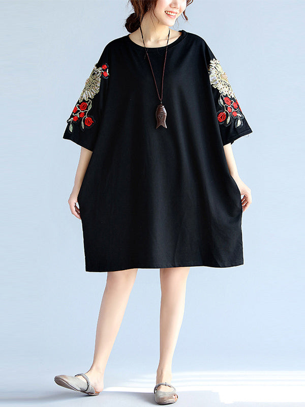 Loose Embroidery Black Midi Dresses