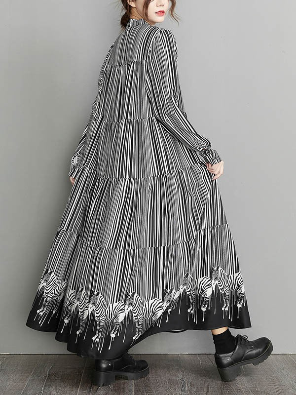 Vintage Loose Striped Buttoned Stand Collar Long Sleeves Midi Dress