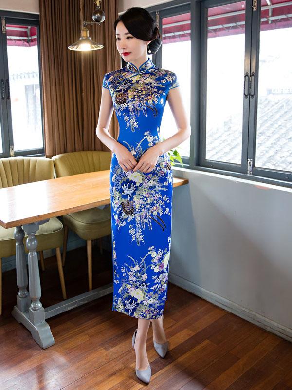 Blue&Red Floral Stand-collar Long Cheongsam