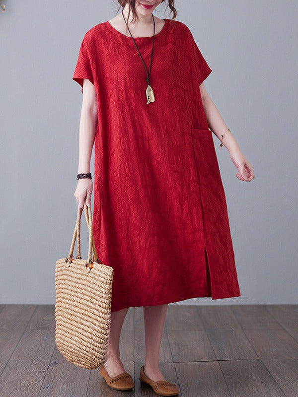 Original Solid Jacquard Short Sleeve Midi Dress