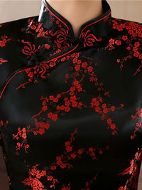 Black Red-flower Print Split-side Long Cheongsam