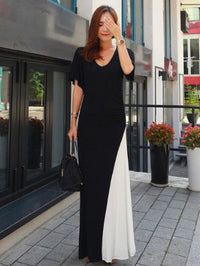 Black&White Split-joint V-neck Long Dress