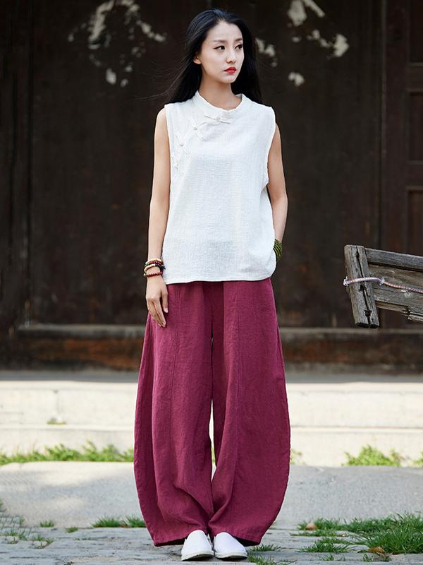 Burgundy&Navy Blue Ramie Cotton Casual Linen Bloomers Pants