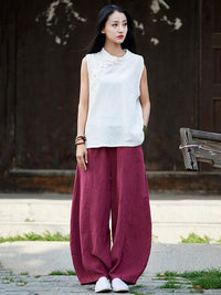 Burgundy&Navy Blue Ramie Cotton Casual Linen Bloomers Pants