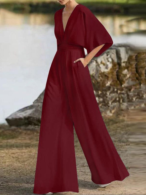 Simple Solid Color V-Neck Half Sleeves Wide Leg Jumpsuits – Freeacy