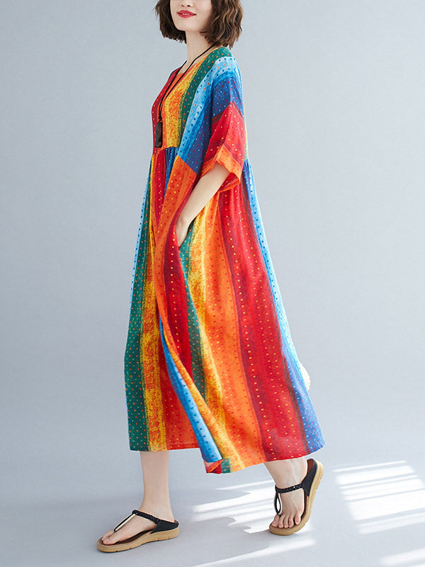 Striped Printed Loose A-Line Round-Neck Dress