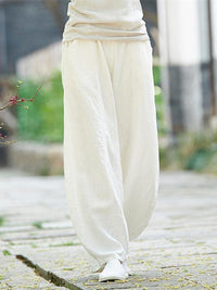 Beige&White Ramie Cotton Casual Linen Bloomers Pants