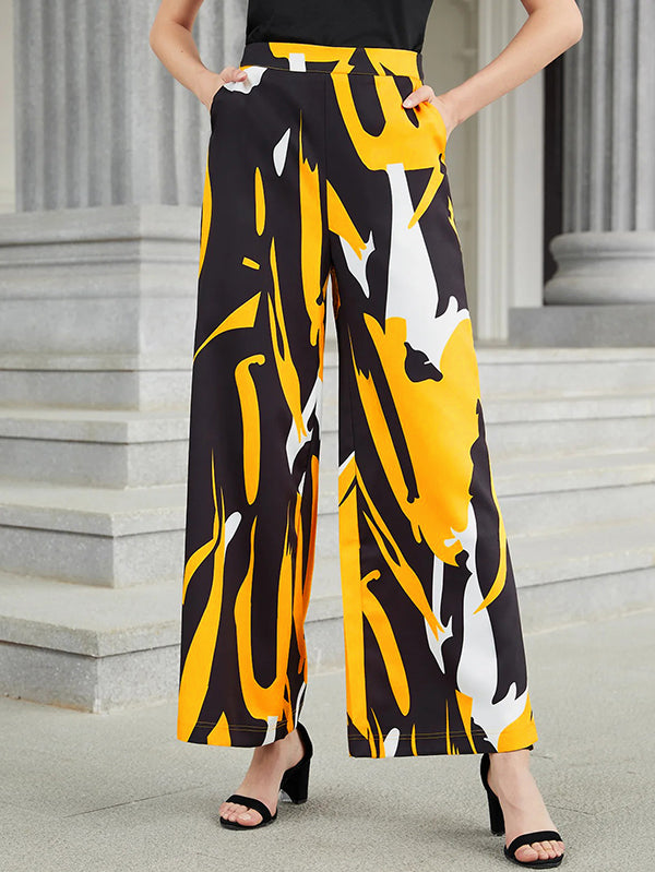 Urban High-Waisted Contrast Color Printed Wide Leg Pants