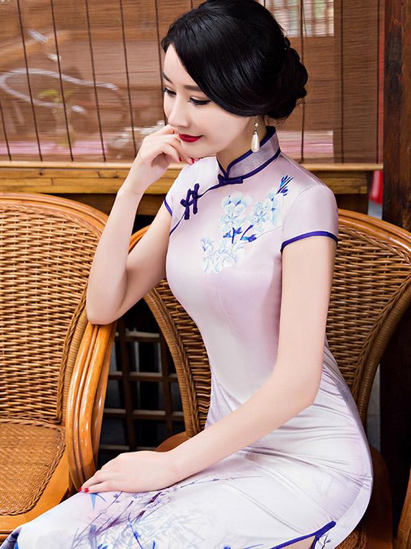 Vintage Purple Print Stand Collar Long Cheongsam Dress