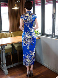 Blue&Red Floral Stand-collar Long Cheongsam