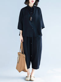 Two-Pieces Black Loose Shirt And Ninth Pants Suit
