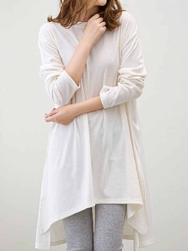 Casual High-Low Long Sleeves Solid Color Round-Neck T-Shirts Tops