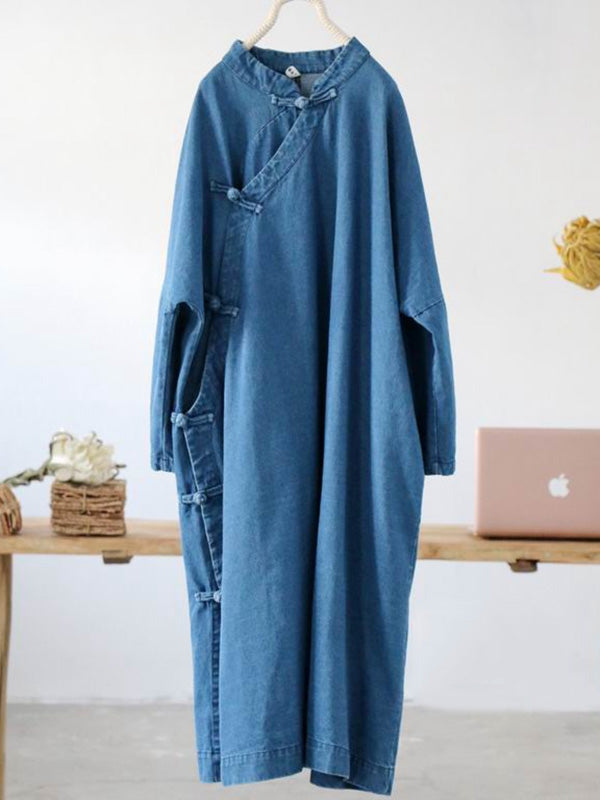 National Style Button Long Dress